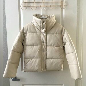 Express Cream Faux Leather Puffer Coat Size Small
